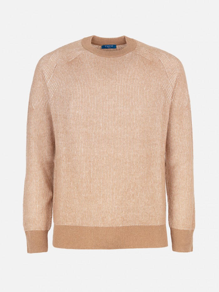 CAMEL RIBBED WOOL CREW NECK...